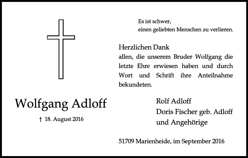  Traueranzeige für Wolfgang Adloff vom 21.09.2016 aus Kölner Stadt-Anzeiger / Kölnische Rundschau / Express