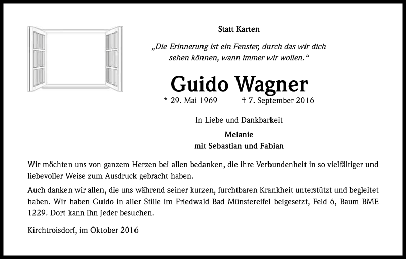  Traueranzeige für Guido Wagner vom 01.10.2016 aus Kölner Stadt-Anzeiger / Kölnische Rundschau / Express