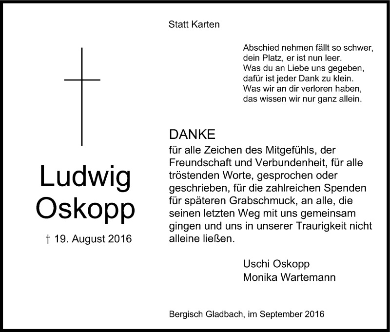  Traueranzeige für Ludwig Oskopp vom 17.09.2016 aus Kölner Stadt-Anzeiger / Kölnische Rundschau / Express