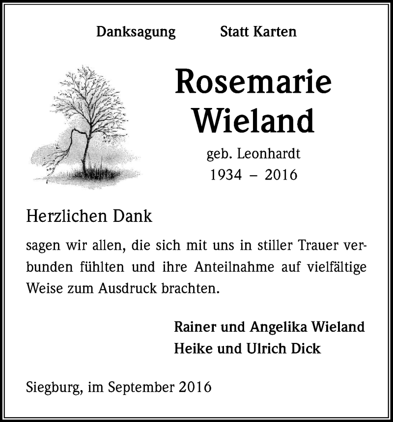  Traueranzeige für Rosemarie Wieland vom 10.09.2016 aus Kölner Stadt-Anzeiger / Kölnische Rundschau / Express