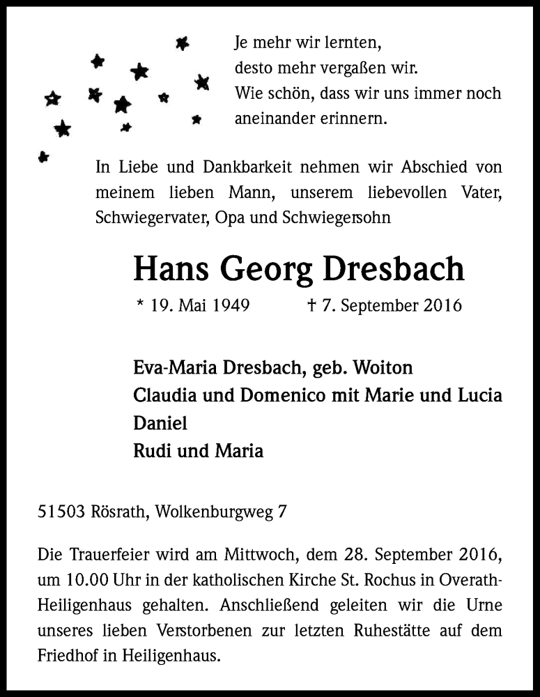 Traueranzeige für Hans Georg Dresbach vom 24.09.2016 aus Kölner Stadt-Anzeiger / Kölnische Rundschau / Express