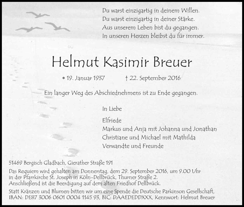  Traueranzeige für Helmut Kasimir Breuer vom 26.09.2016 aus Kölner Stadt-Anzeiger / Kölnische Rundschau / Express