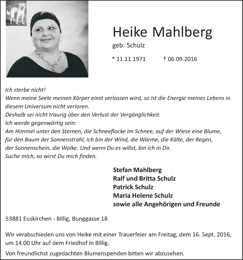  Traueranzeige für Heike Mahlberg vom 10.09.2016 aus  Blickpunkt Euskirchen 