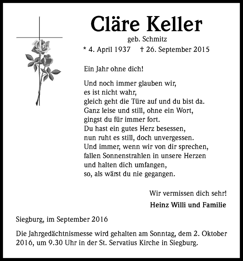 Traueranzeige für Cläre Keller vom 26.09.2016 aus Kölner Stadt-Anzeiger / Kölnische Rundschau / Express