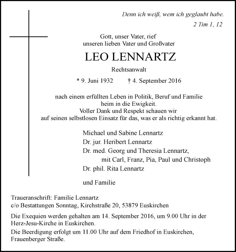  Traueranzeige für Leo Lennartz vom 10.09.2016 aus  Blickpunkt Euskirchen 