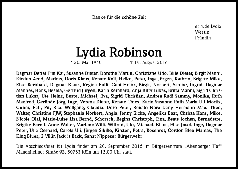  Traueranzeige für Lydia Robinson vom 10.09.2016 aus Kölner Stadt-Anzeiger / Kölnische Rundschau / Express