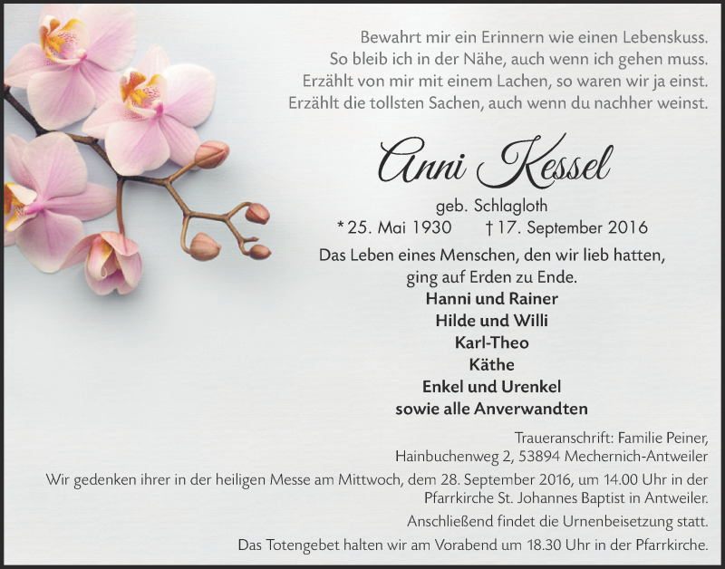  Traueranzeige für Anni Kessel vom 24.09.2016 aus  Blickpunkt Euskirchen 