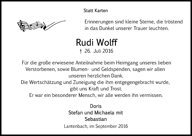  Traueranzeige für Rudi Wolff vom 03.09.2016 aus Kölner Stadt-Anzeiger / Kölnische Rundschau / Express