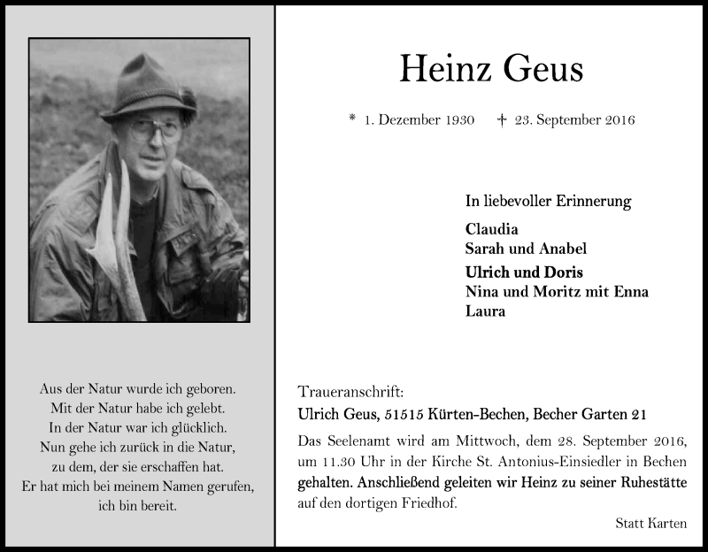  Traueranzeige für Heinz Geus vom 26.09.2016 aus Kölner Stadt-Anzeiger / Kölnische Rundschau / Express