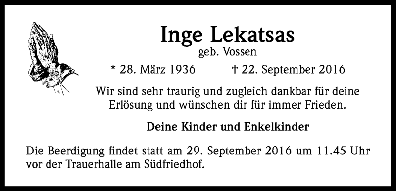  Traueranzeige für Inge Lekatsas vom 26.09.2016 aus Kölner Stadt-Anzeiger / Kölnische Rundschau / Express