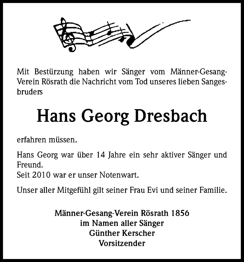 Traueranzeige für Hans Georg Dresbach vom 26.09.2016 aus Kölner Stadt-Anzeiger / Kölnische Rundschau / Express