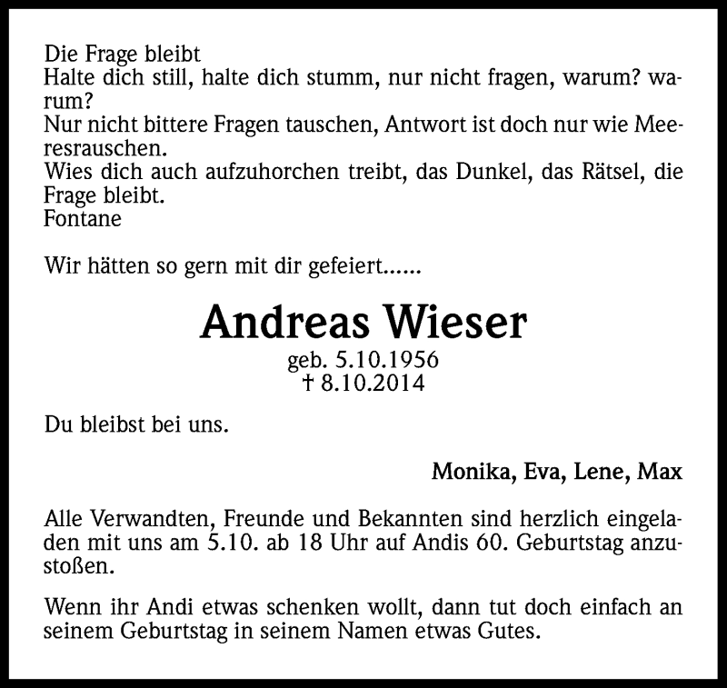  Traueranzeige für Andreas Wieser vom 01.10.2016 aus Kölner Stadt-Anzeiger / Kölnische Rundschau / Express