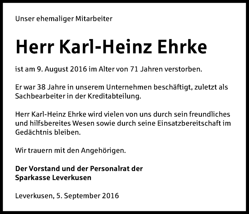  Traueranzeige für Karl-Heinz Ehrke vom 05.09.2016 aus Kölner Stadt-Anzeiger / Kölnische Rundschau / Express
