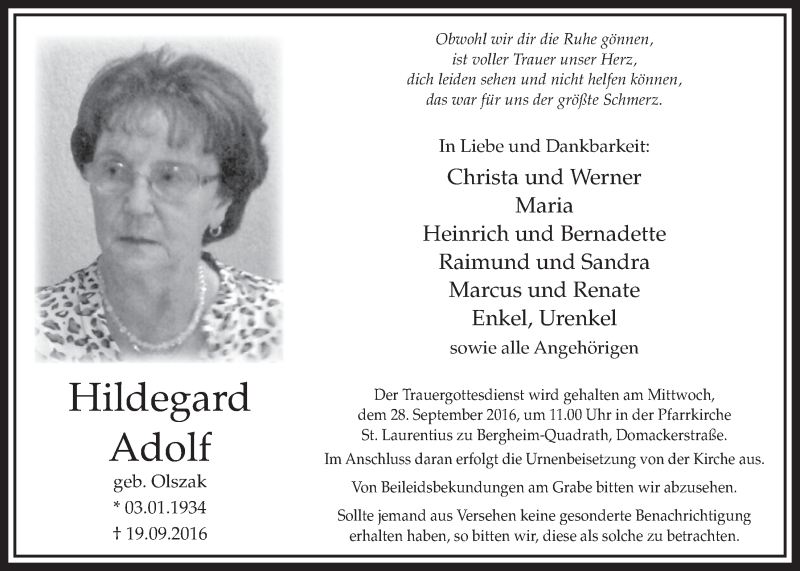 Traueranzeige für Hildegard Adolf vom 24.09.2016 aus  Sonntags-Post 