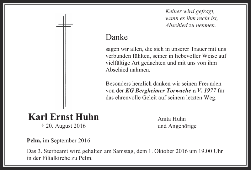  Traueranzeige für Karl Ernst Huhn vom 28.09.2016 aus  Werbepost 