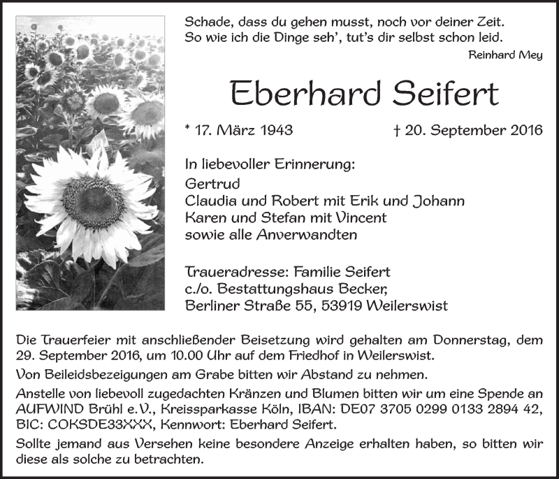  Traueranzeige für Eberhard Seifert vom 24.09.2016 aus  Blickpunkt Euskirchen 