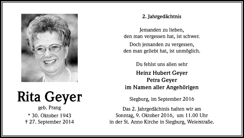  Traueranzeige für Rita Geyer vom 27.09.2016 aus Kölner Stadt-Anzeiger / Kölnische Rundschau / Express