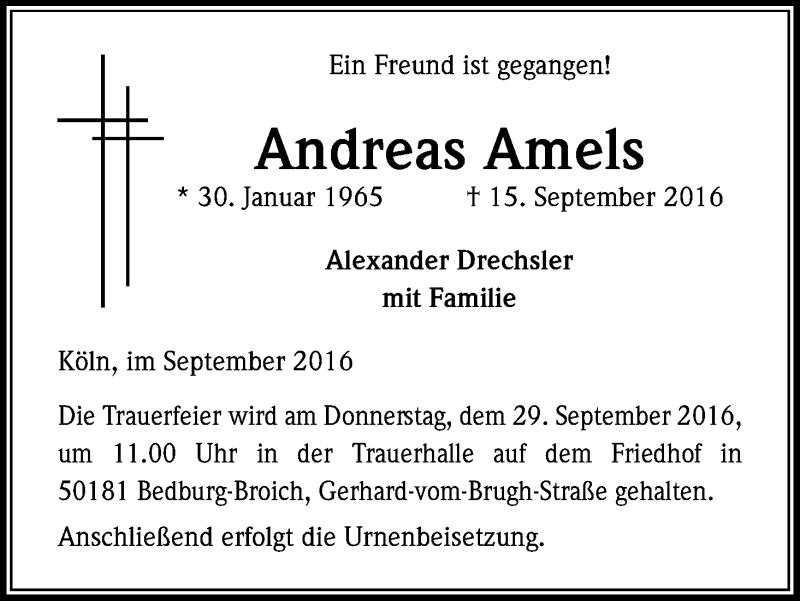  Traueranzeige für Andreas Amels vom 26.09.2016 aus Kölner Stadt-Anzeiger / Kölnische Rundschau / Express