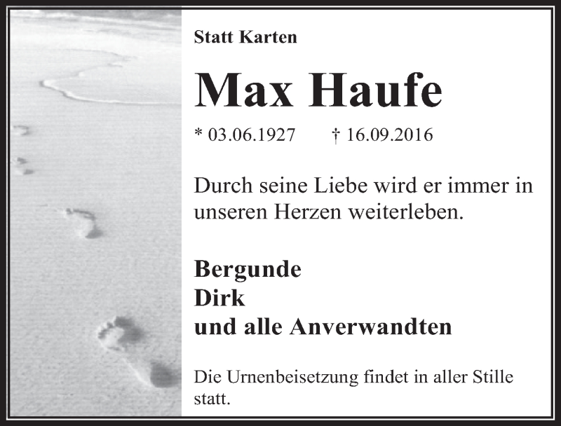  Traueranzeige für Max Haufe vom 24.09.2016 aus  Sonntags-Post 