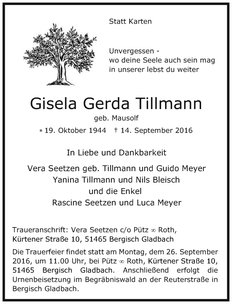  Traueranzeige für Gisela Gerda Tillmann vom 24.09.2016 aus  Bergisches Sonntagsblatt 