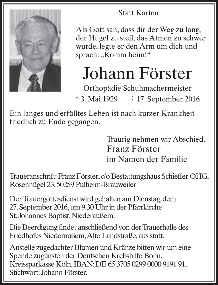  Traueranzeige für Johann Förster vom 24.09.2016 aus  Sonntags-Post 