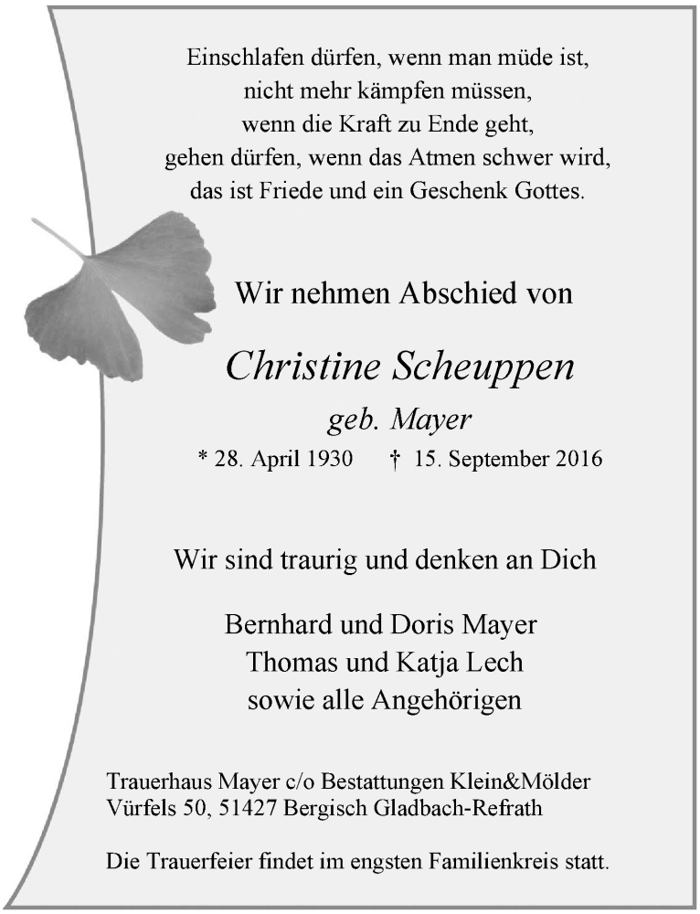 Traueranzeige für Christine Scheuppen vom 24.09.2016 aus  Bergisches Sonntagsblatt 