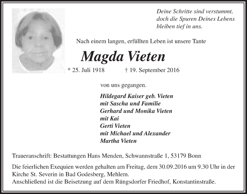  Traueranzeige für Magda Vieten vom 24.09.2016 aus  Schaufenster/Blickpunkt am Wochenende 