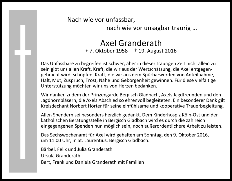  Traueranzeige für Axel Granderath vom 01.10.2016 aus Kölner Stadt-Anzeiger / Kölnische Rundschau / Express