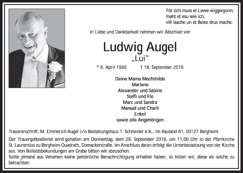  Traueranzeige für Ludwig Augel vom 24.09.2016 aus  Sonntags-Post 