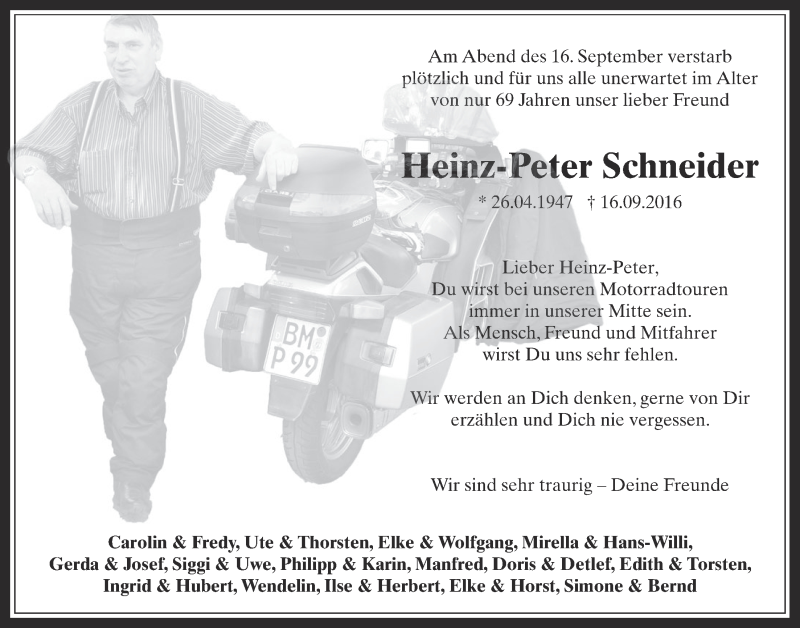  Traueranzeige für Heinz-Peter Schneider vom 24.09.2016 aus  Sonntags-Post 