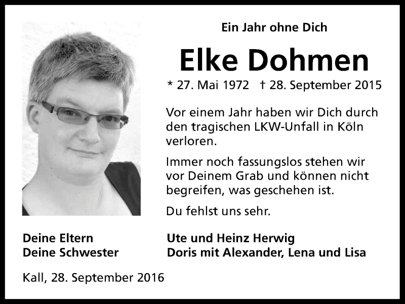  Traueranzeige für Elke Dohmen vom 28.09.2016 aus Kölner Stadt-Anzeiger / Kölnische Rundschau / Express