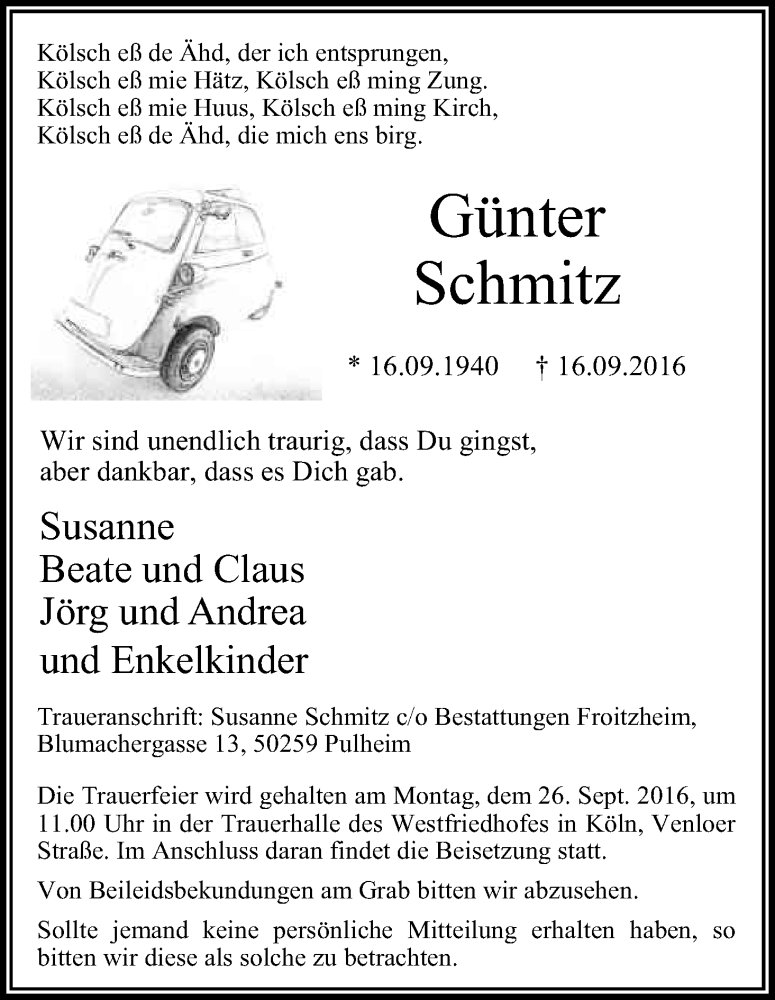  Traueranzeige für Günter Schmitz vom 21.09.2016 aus Kölner Stadt-Anzeiger / Kölnische Rundschau / Express