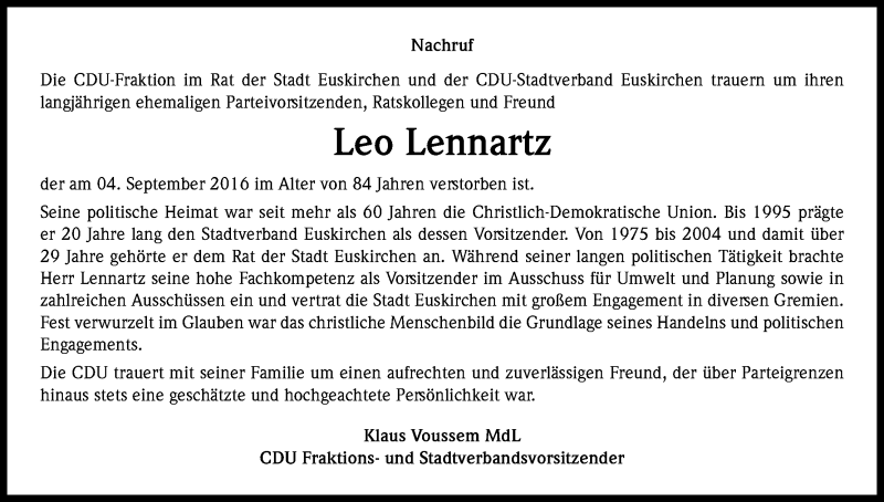  Traueranzeige für Leo Lennartz vom 14.09.2016 aus Kölner Stadt-Anzeiger / Kölnische Rundschau / Express