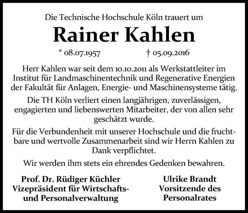  Traueranzeige für Rainer Kahlen vom 17.09.2016 aus Kölner Stadt-Anzeiger / Kölnische Rundschau / Express