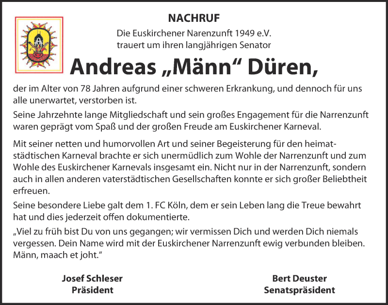  Traueranzeige für Andreas Düren vom 01.10.2016 aus  Blickpunkt Euskirchen 