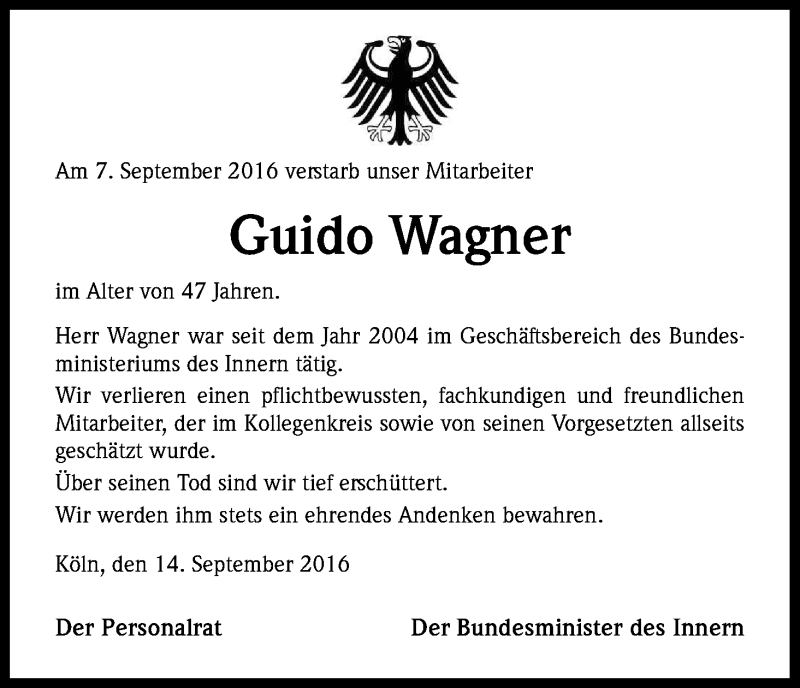  Traueranzeige für Guido Wagner vom 17.09.2016 aus Kölner Stadt-Anzeiger / Kölnische Rundschau / Express