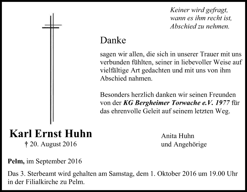  Traueranzeige für Karl Ernst Huhn vom 24.09.2016 aus Kölner Stadt-Anzeiger / Kölnische Rundschau / Express