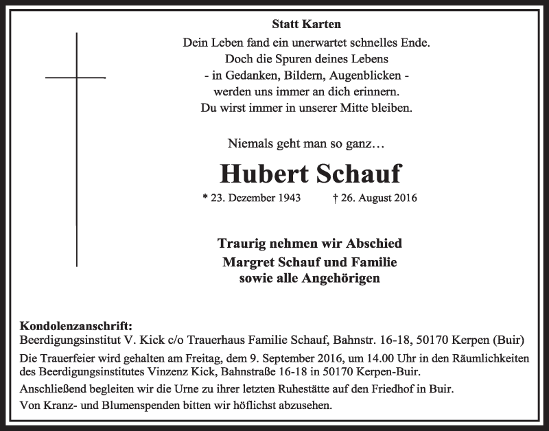  Traueranzeige für Hubert Schauf vom 03.09.2016 aus  Sonntags-Post 