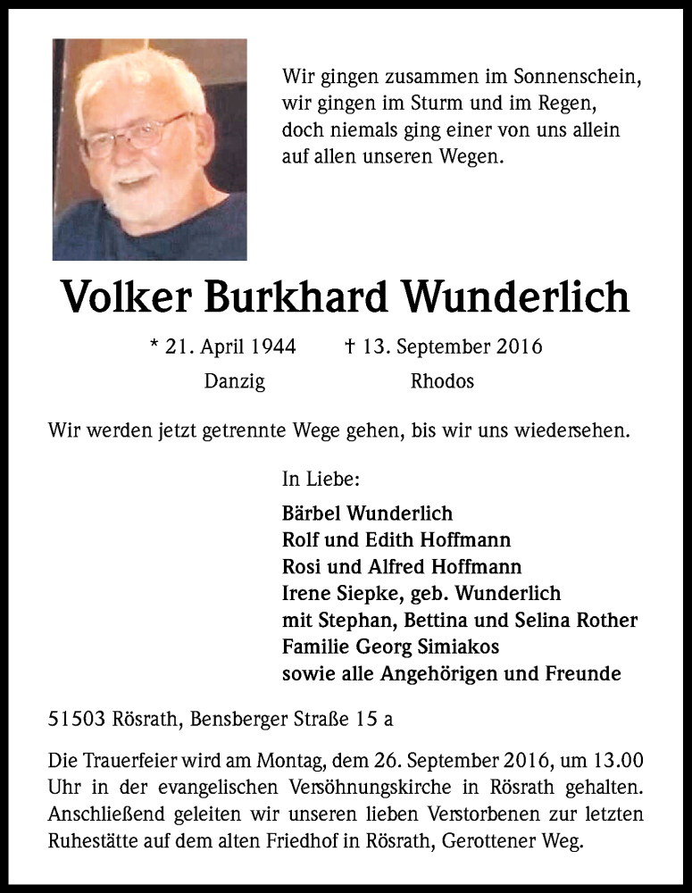  Traueranzeige für Volker Burkhard Wunderlich vom 22.09.2016 aus Kölner Stadt-Anzeiger / Kölnische Rundschau / Express