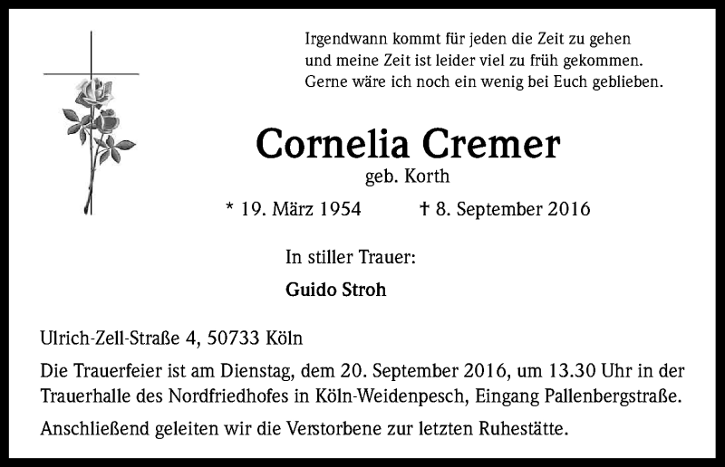  Traueranzeige für Cornelia Cremer vom 16.09.2016 aus Kölner Stadt-Anzeiger / Kölnische Rundschau / Express