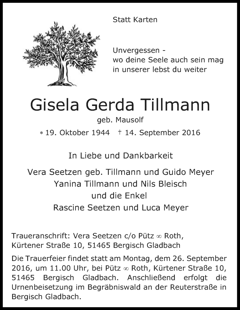  Traueranzeige für Gisela Gerda Tillmann vom 23.09.2016 aus Kölner Stadt-Anzeiger / Kölnische Rundschau / Express
