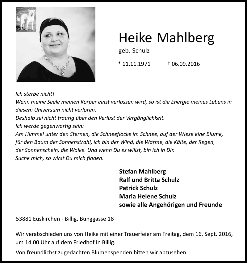  Traueranzeige für Heike Mahlberg vom 10.09.2016 aus Kölner Stadt-Anzeiger / Kölnische Rundschau / Express