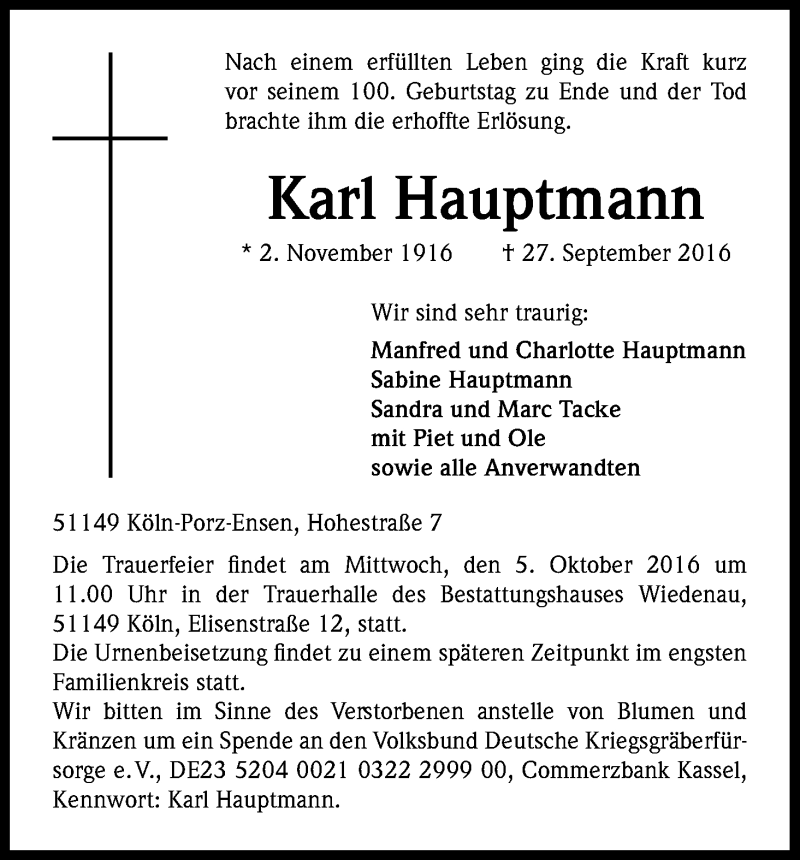  Traueranzeige für Karl Hauptmann vom 01.10.2016 aus Kölner Stadt-Anzeiger / Kölnische Rundschau / Express