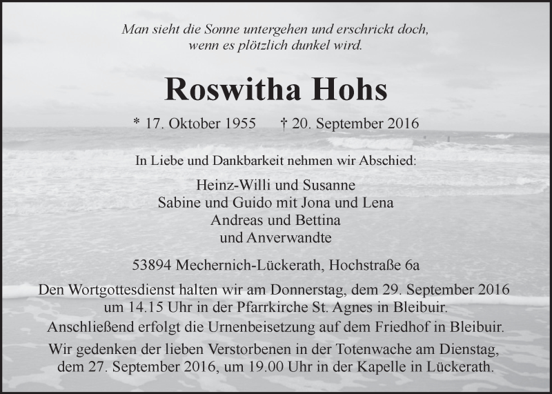  Traueranzeige für Roswitha Hohs vom 24.09.2016 aus  Blickpunkt Euskirchen 