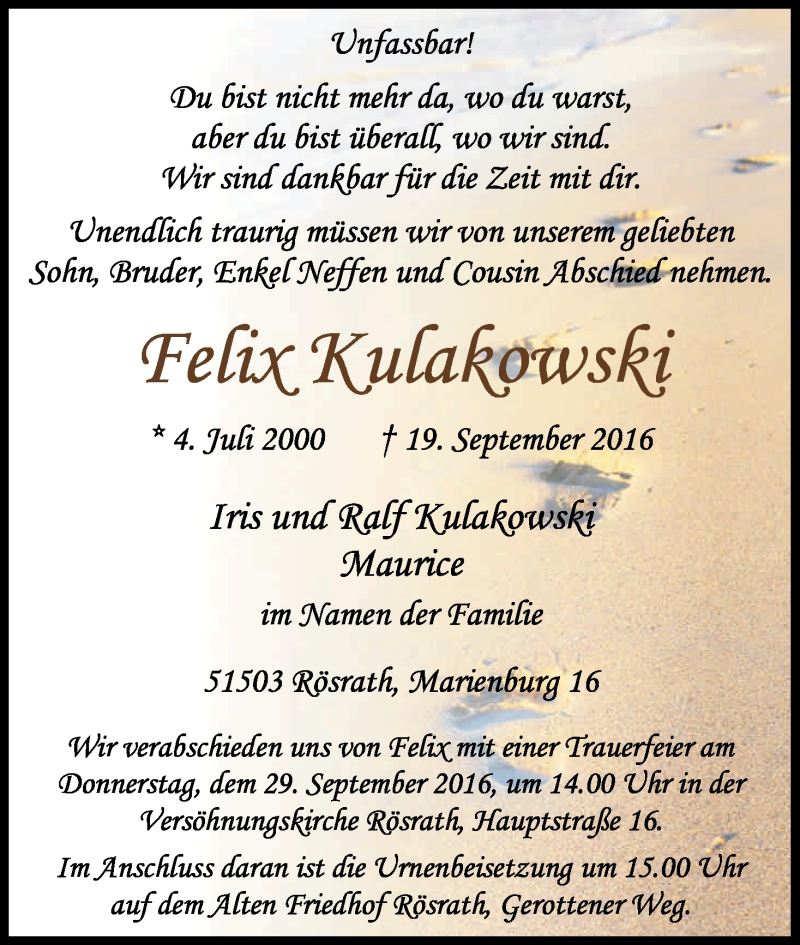  Traueranzeige für Felix Kulakowski vom 24.09.2016 aus Kölner Stadt-Anzeiger / Kölnische Rundschau / Express