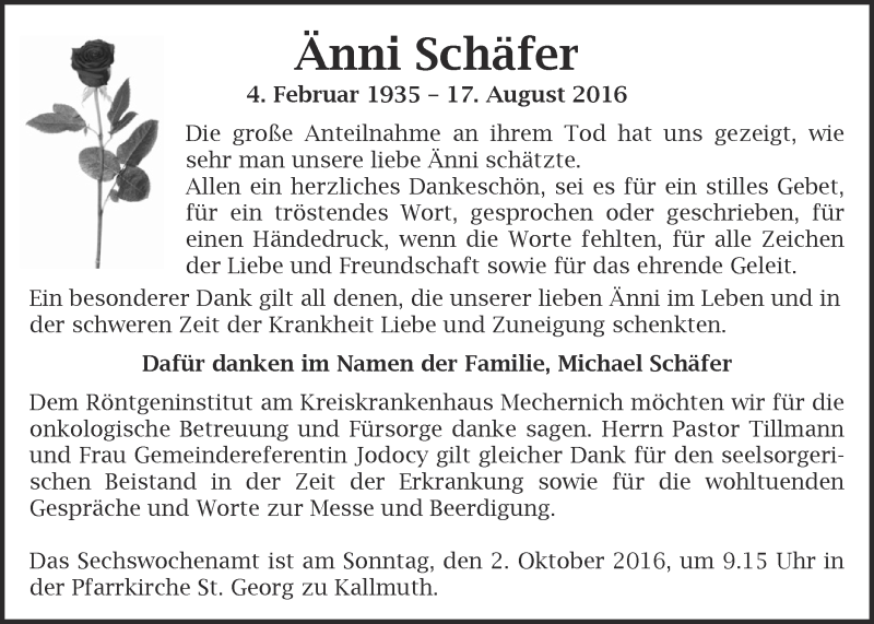  Traueranzeige für Änni Schäfer vom 24.09.2016 aus  Blickpunkt Euskirchen 