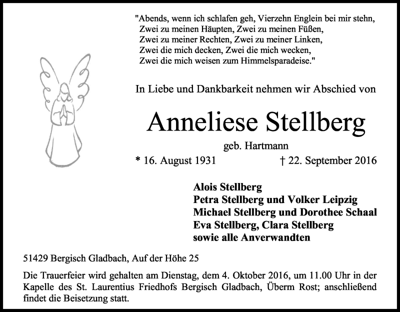  Traueranzeige für Anneliese Stellberg vom 26.09.2016 aus Kölner Stadt-Anzeiger / Kölnische Rundschau / Express