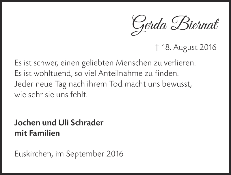  Traueranzeige für Gerda Biernat vom 24.09.2016 aus  Blickpunkt Euskirchen 