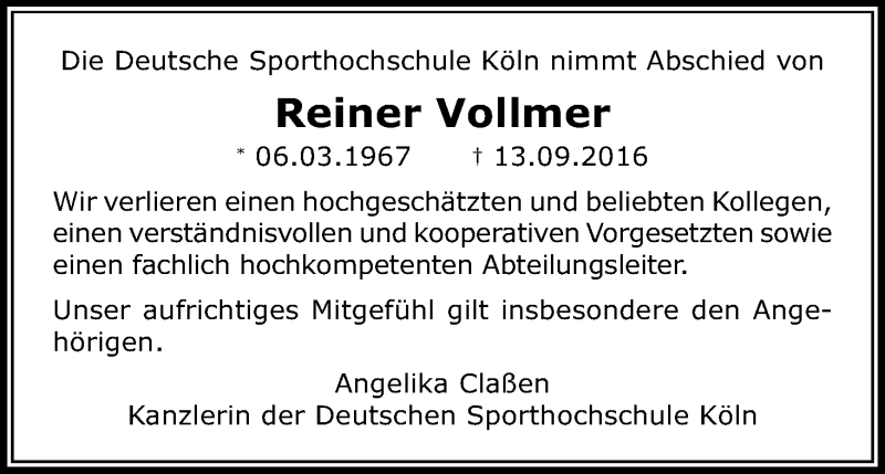  Traueranzeige für Reiner Vollmer vom 01.10.2016 aus Kölner Stadt-Anzeiger / Kölnische Rundschau / Express