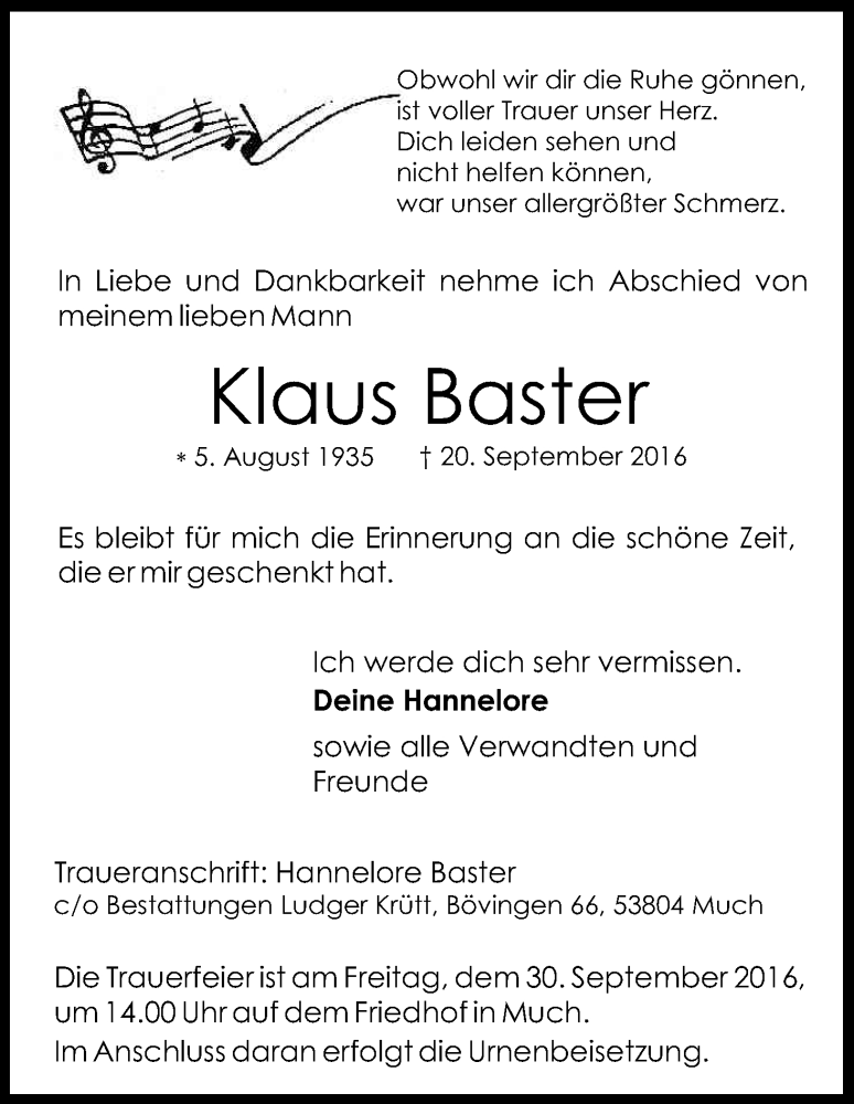  Traueranzeige für Klaus Baster vom 24.09.2016 aus Kölner Stadt-Anzeiger / Kölnische Rundschau / Express